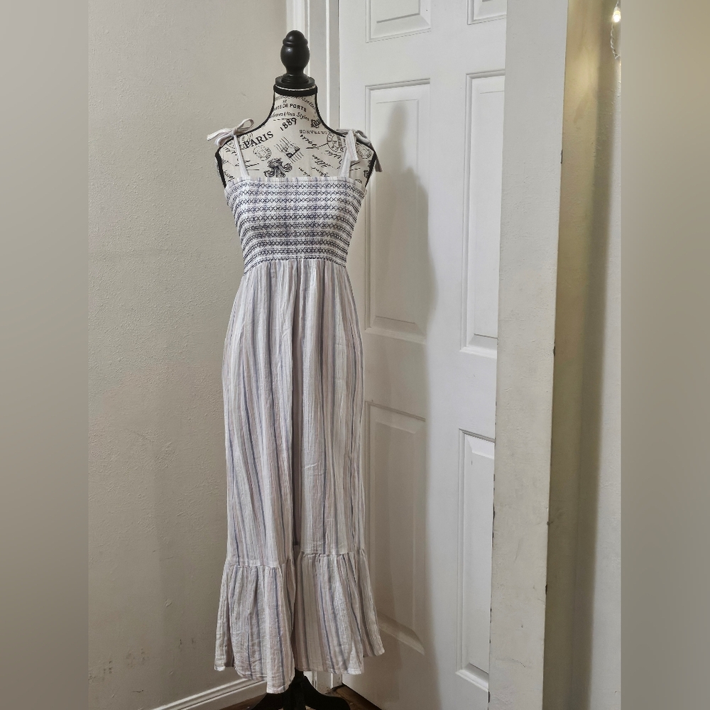 Striped Smocked Dress with Bow Strap